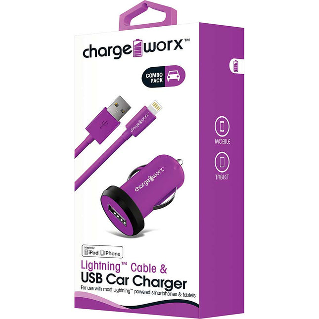 1Amp USB Car Charger & Lightning Cable, Violet