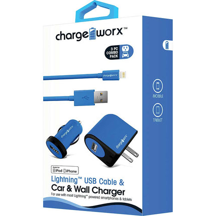 USB Wall+Car Chargers & Lightning Cable, Blue