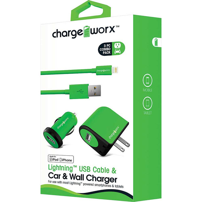 USB Wall+Car Chargers & Lightning Cable, Green