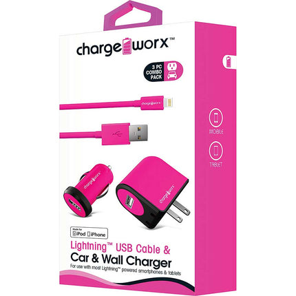 USB Wall+Car Chargers & Lightning Cable, Pink