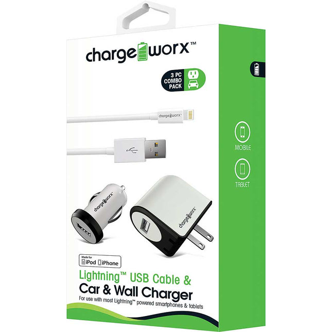 USB Wall+Car Chargers & Lightning Cable, White