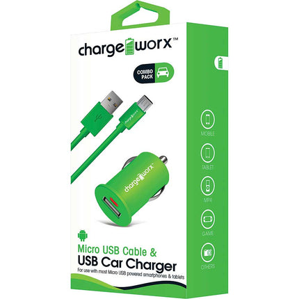 Micro USB Sync Cable & USB Car Charger, Green