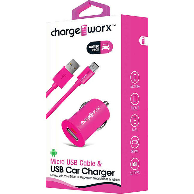 Micro USB Sync Cable & USB Car Charger, Pink