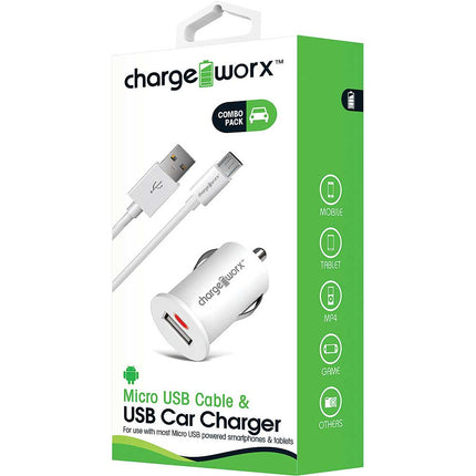 Micro USB Sync Cable & USB Car Charger, White