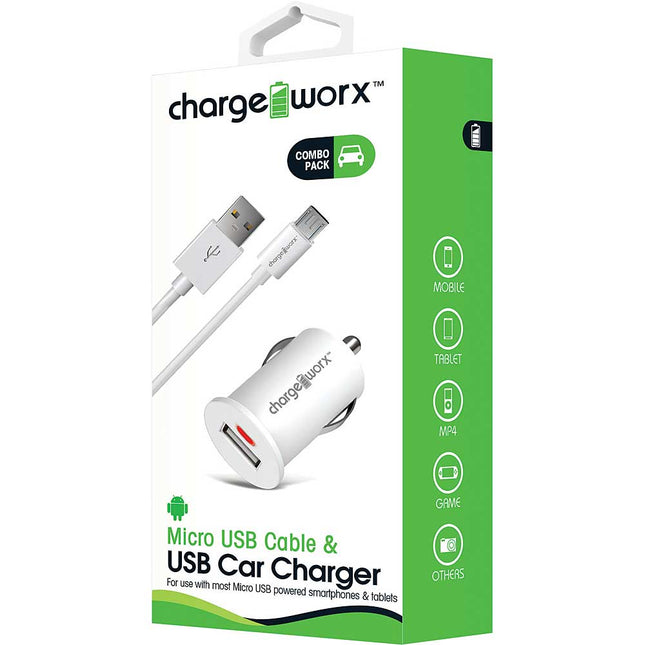 Micro USB Sync Cable & USB Car Charger, White