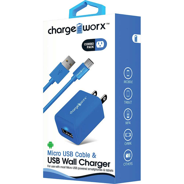 Micro USB Sync Cable & USB Wall Charger, Blue