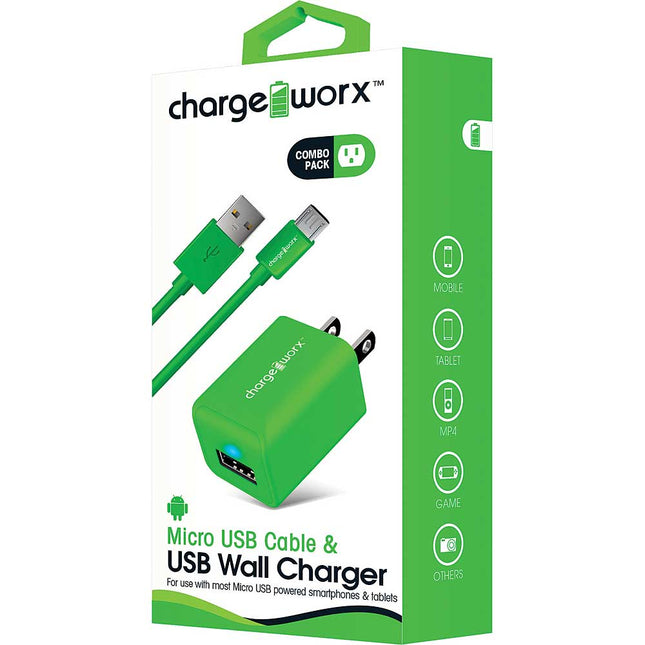 Micro USB Sync Cable & USB Wall Charger, Green