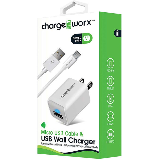 Micro USB Sync Cable & USB Wall Charger, White