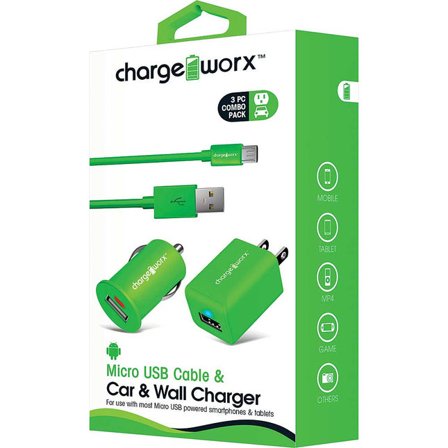 Micro USB Sync Cable, USB Car & Wall Chargers, Green