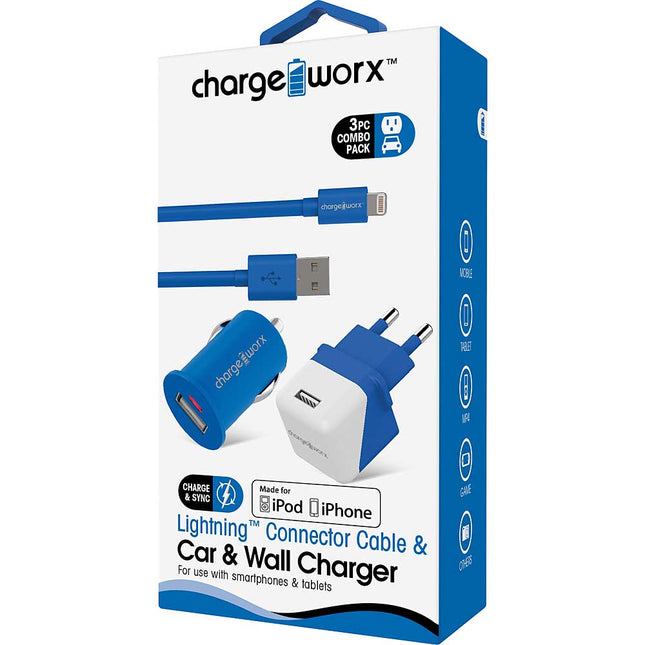 USB Wall + Car Chargers & Lightning® Connector Cable, Blue