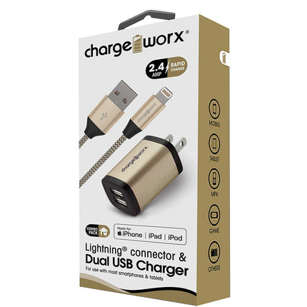 2.4A Dual USB Metal Wall Charger & 3ft Lightning Cable, Gold
