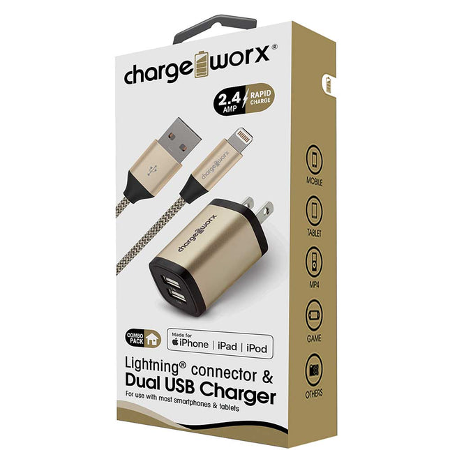 2.4A Dual USB Metal Wall Charger & 3ft Lightning Cable, Gold