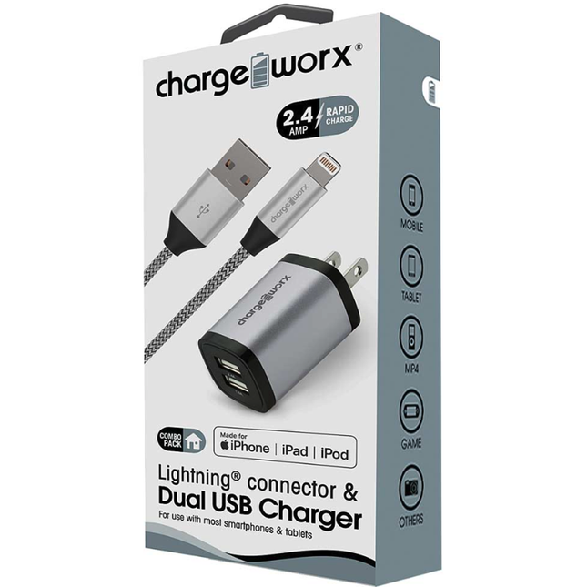 2.4A Dual USB Metal Wall Charger & Lightning Cable, Silver