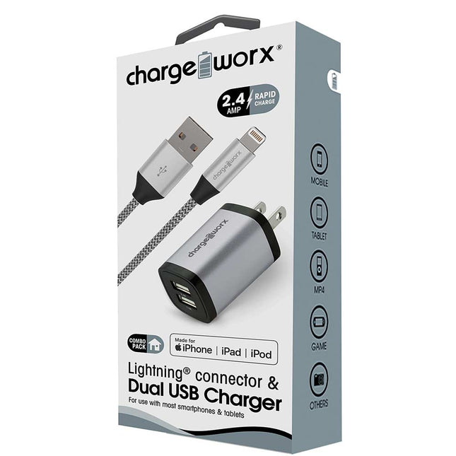 2.4A Dual USB Metal Wall Charger & 3ft Lightning Cable, Silver