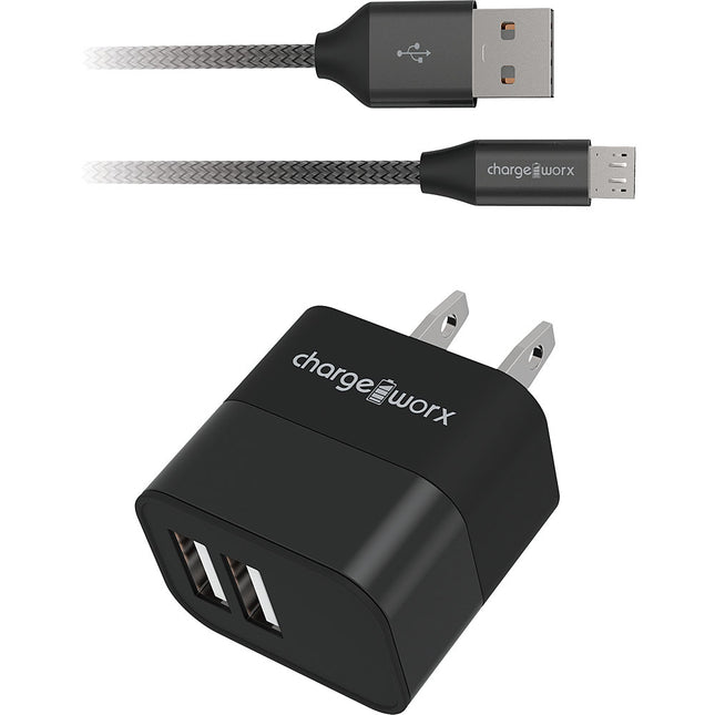 2.4A Dual USB Metal Wall Charger & Micro USB Cable, Black