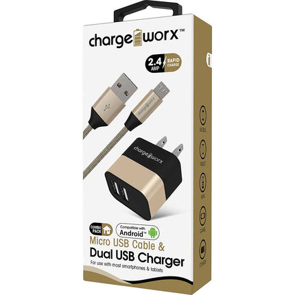 2.4A Dual USB Metal Wall Charger & 3ft Micro USB Cable, Gold