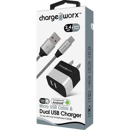 2.4A Dual USB Metal Wall Charger & 3ft Micro USB Cable, Silver