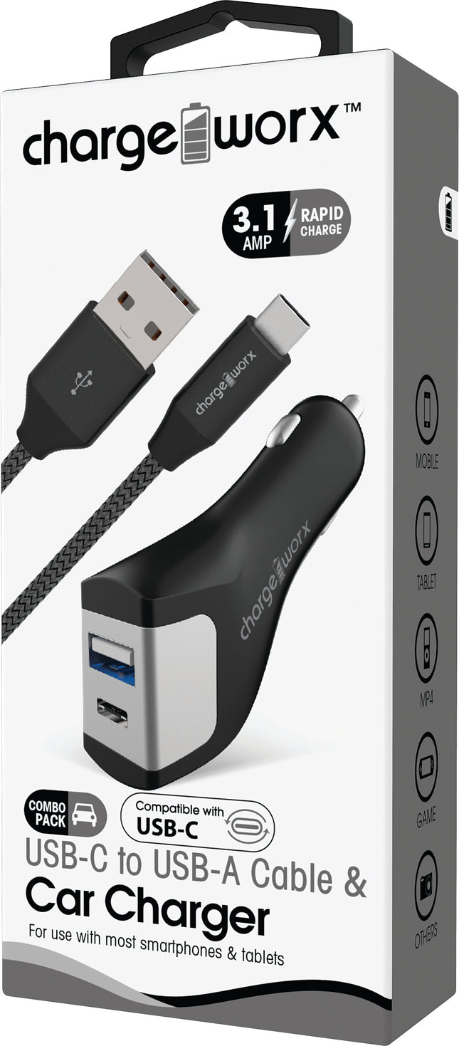 USB-A + USB-C Car Charger & USB-C Cable, Black