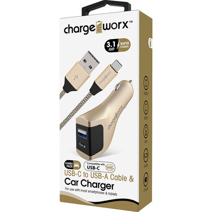 USB-A + USB-C Car Charger & USB-C Cable, Gold