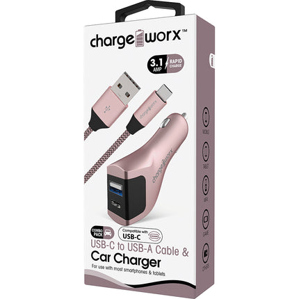 USB-A + USB-C Car Charger & USB-C Cable, Rose Gold
