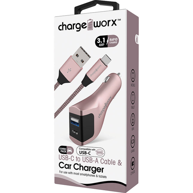 USB-A + USB-C Car Charger & USB-C Cable, Rose Gold