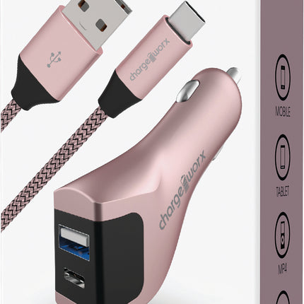 USB-A + USB-C Car Charger & USB-C Cable, Rose Gold