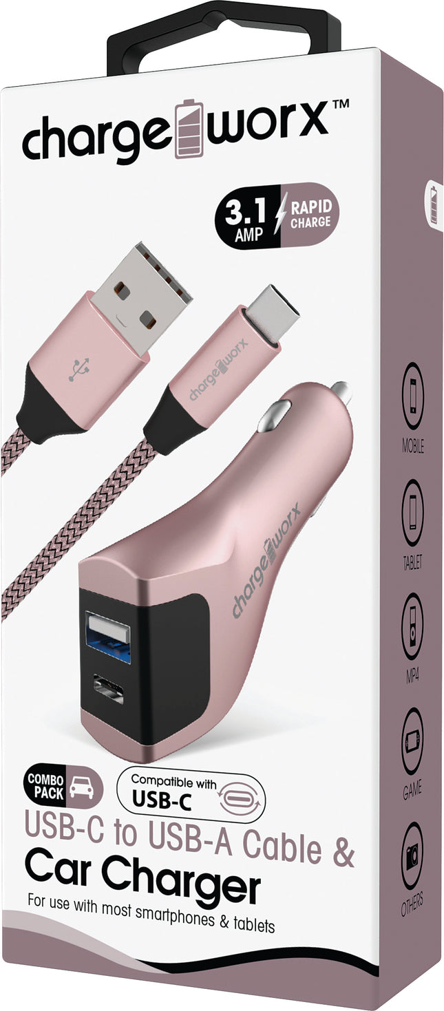 USB-A + USB-C Car Charger & USB-C Cable, Rose Gold