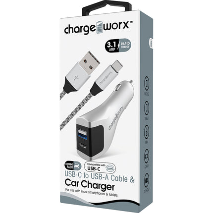 USB-A + USB-C Car Charger & USB-C Cable, Silver