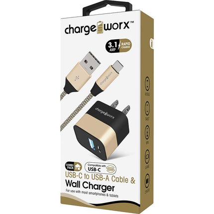 USB+USB-C Wall Charger & USB-C Cable, Gold