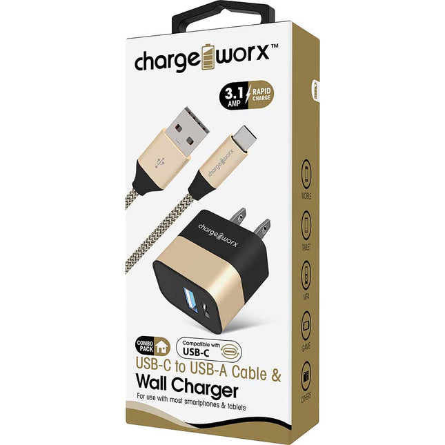 USB+USB-C Wall Charger & USB-C Cable, Gold