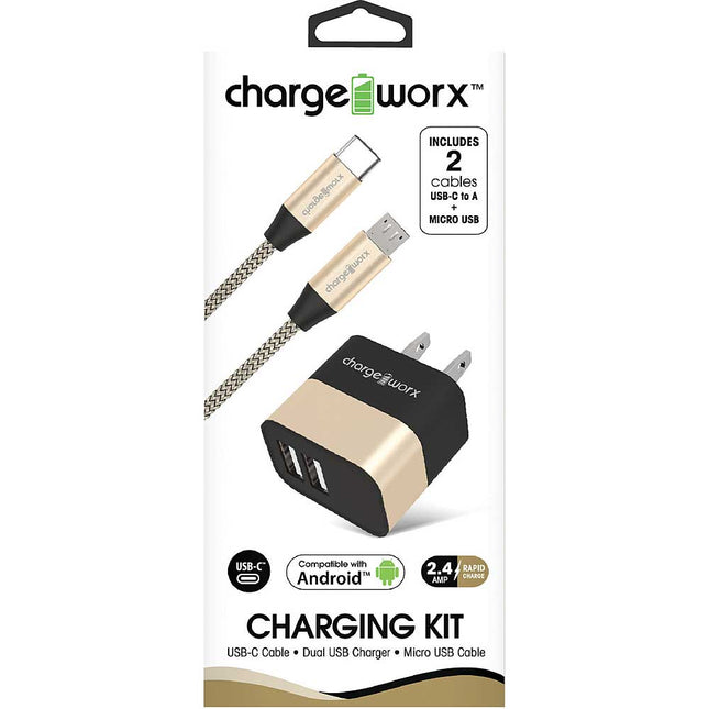 USB Wall Charger & USB-C and Micro USB Cables, Gold