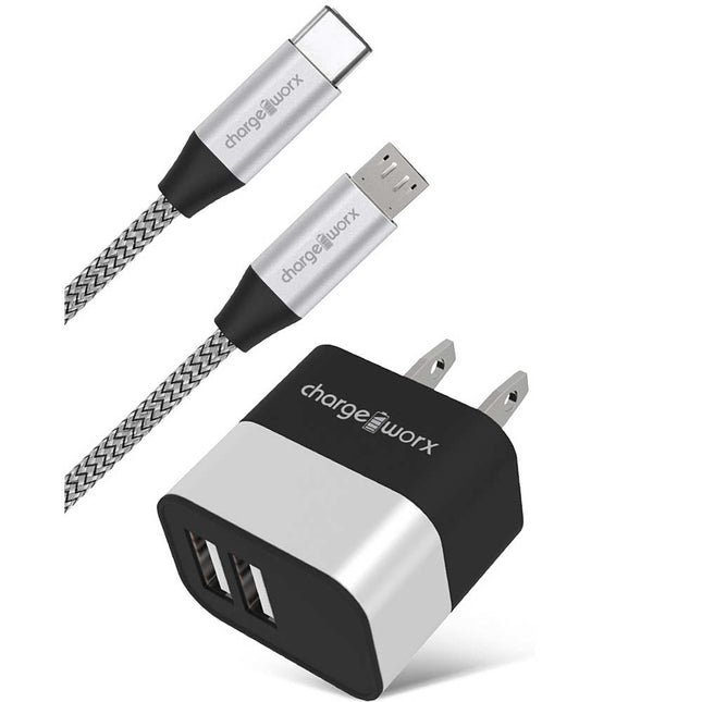 USB Wall Charger & USB-C and Micro USB Cables, Silver