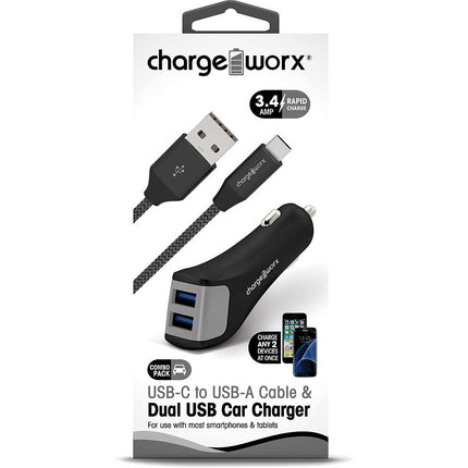 Dual USB Car Charger & USB-C TO USB-A Cable, Black