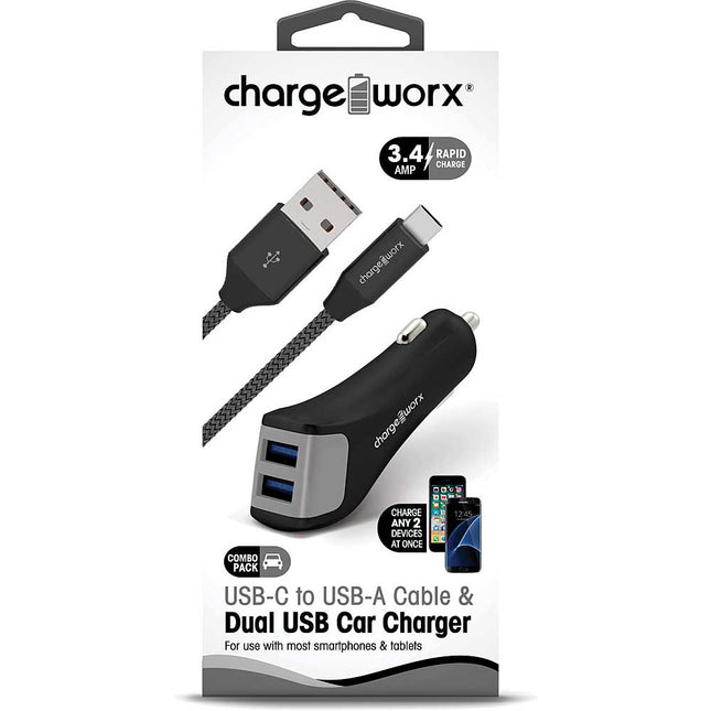 Dual USB Car Charger & USB-C TO USB-A Cable, Black