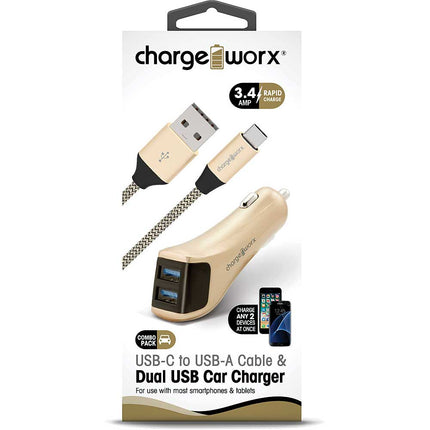 Dual USB Car Charger & USB-C TO USB-A Cable, Gold
