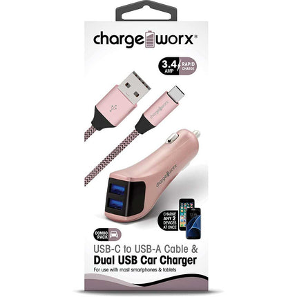 Dual USB Car Charger & USB-C TO USB-A Cable, Rose Gold