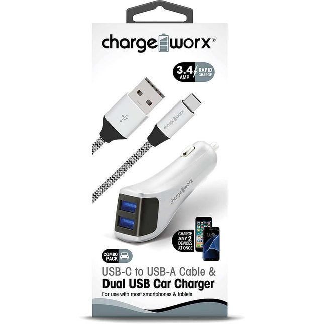 Dual USB Car Charger & USB-C TO USB-A Cable, Silver