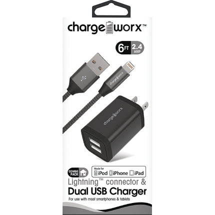 2.4A Dual USB Metal Wall Charger & 10ft Lightning Cable, Black