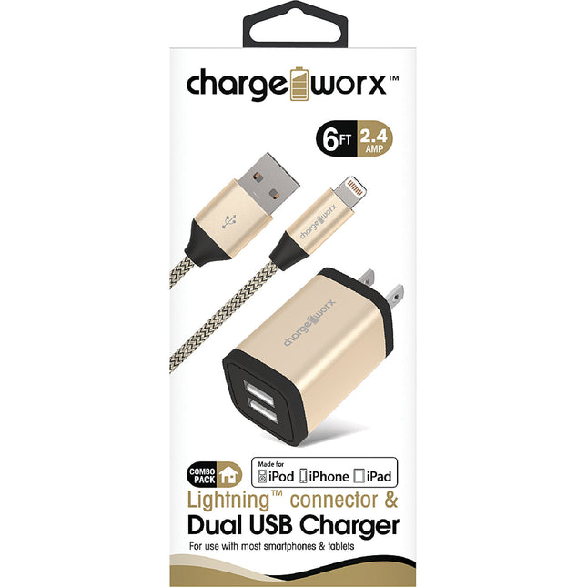 2.4A Dual USB Metal Wall Charger & 10ft Lightning Cable, Gold