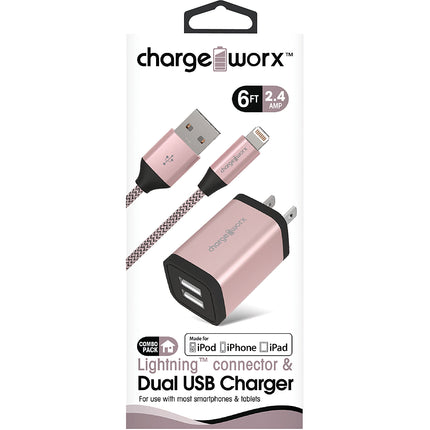 2.4A Dual USB Metal Wall Charger & 10ft Lightning Cable, Rose Gold