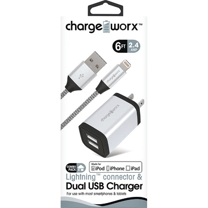 2.4A Dual USB Metal Wall Charger & 10ft Lightning Cable, Silver
