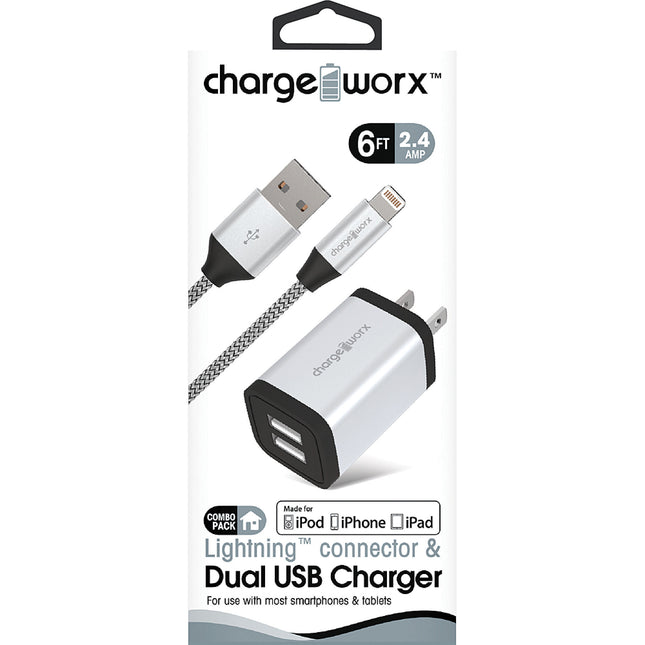 2.4A Dual USB Metal Wall Charger & 10ft Lightning Cable, Silver