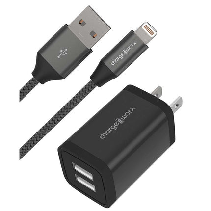 2.4A Dual USB Metal Wall Charger & 6ft Lightning Cable, Black