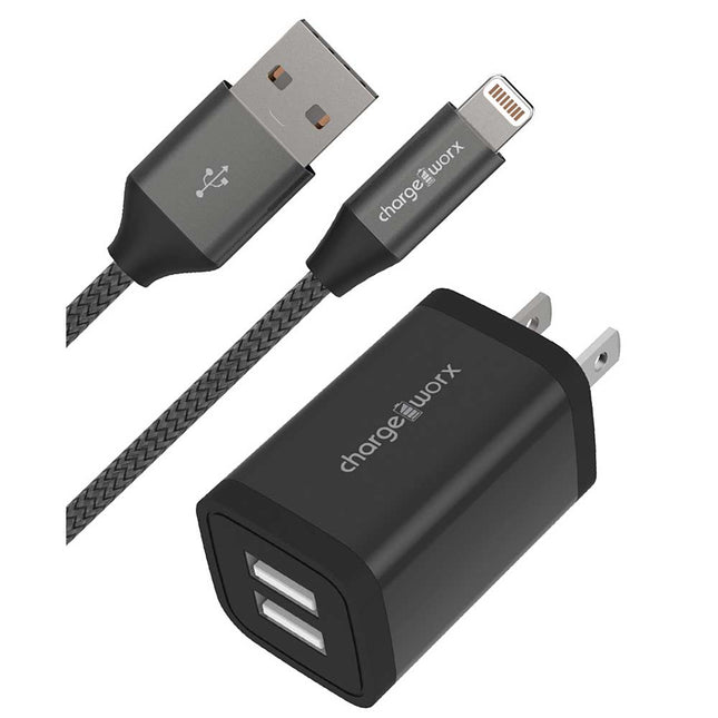 2.4A Dual USB Metal Wall Charger & 6ft Lightning Cable, Black