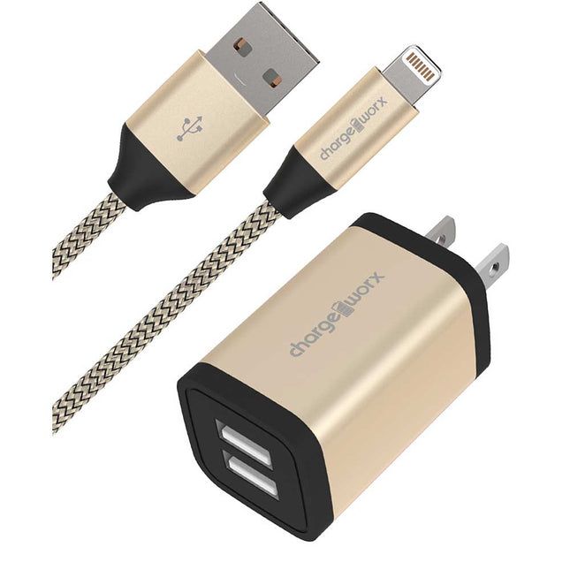 2.4A Dual USB Metal Wall Charger & 6ft Lightning Cable, Gold