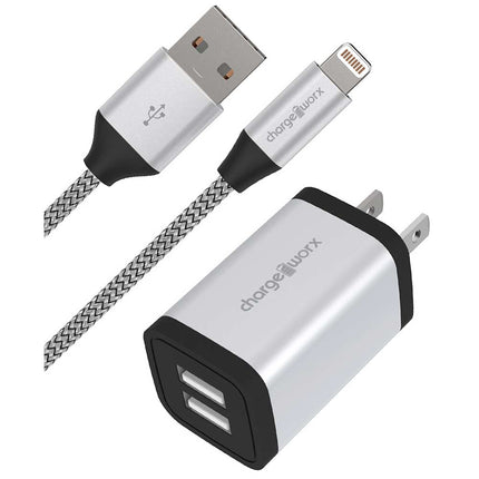 2.4A Dual USB Metal Wall Charger & 6ft Lightning Cable, Silver