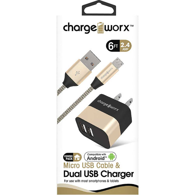 2.4A Dual USB Metal Wall Charger & 6ft Micro USB Cable, Gold