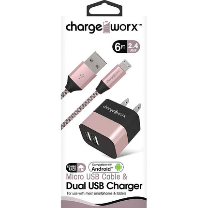 2.4A Dual USB Metal Wall Charger & 6ft Micro USB Cable, Rose Gold