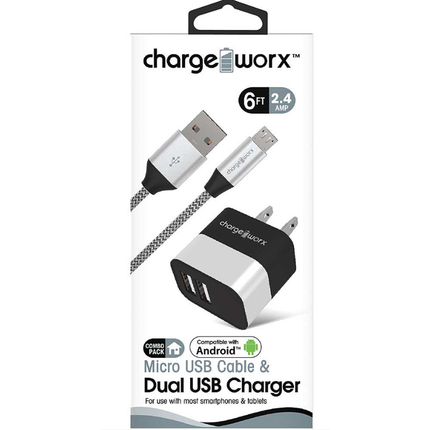 2.4A Dual USB Metal Wall Charger & 6ft Micro USB Cable, Silver