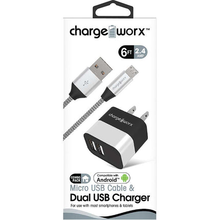 2.4A Dual USB Metal Wall Charger & 6ft Micro USB Cable, Silver